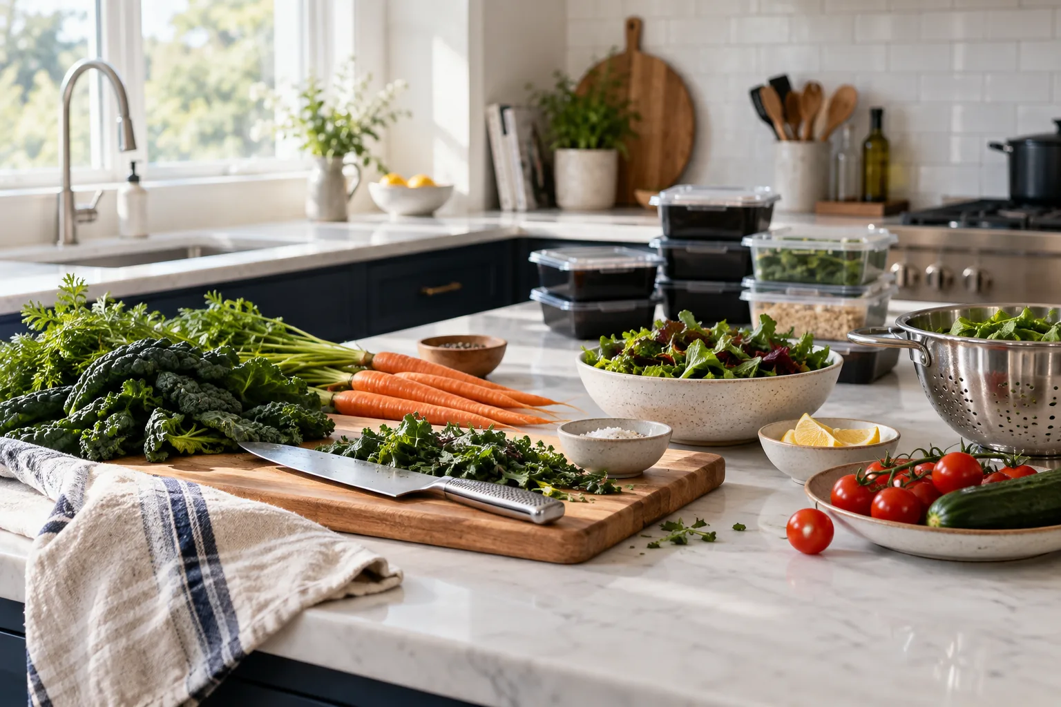 Fresh ingredients and everyday essentials on a sunlit kitchen counter