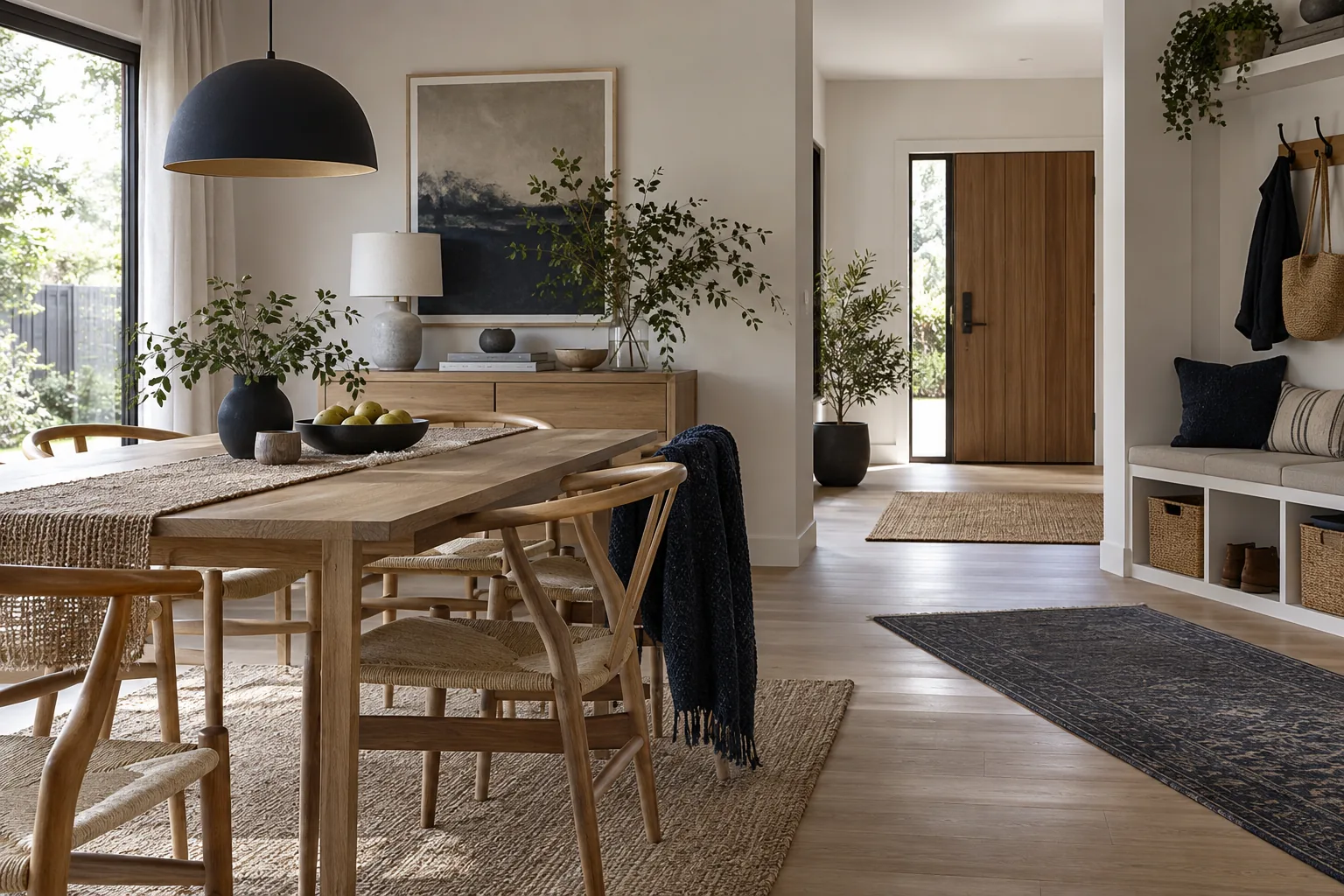 A sunlit oak dining area beside an organized entryway, with navy textiles and natural greenery