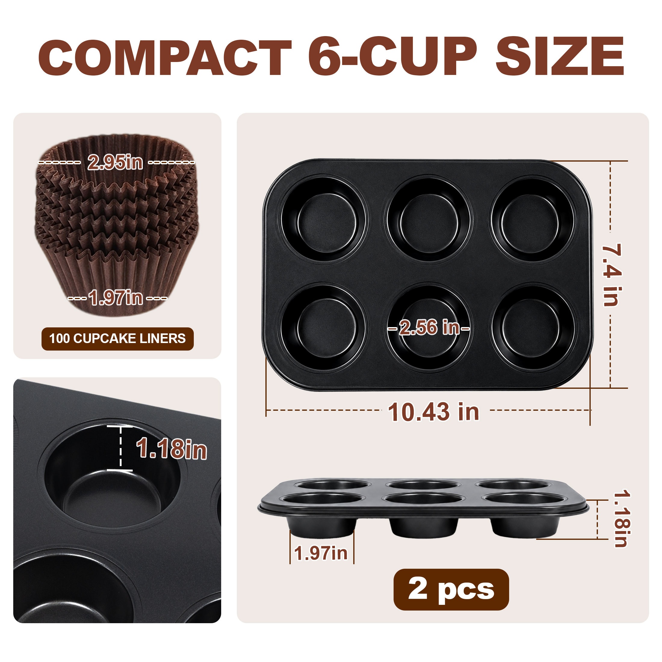Hima Shilajatun Muffin Pan, 2 Pack 6-Cup Cupcake Pan with 100 Liners — product detail 2