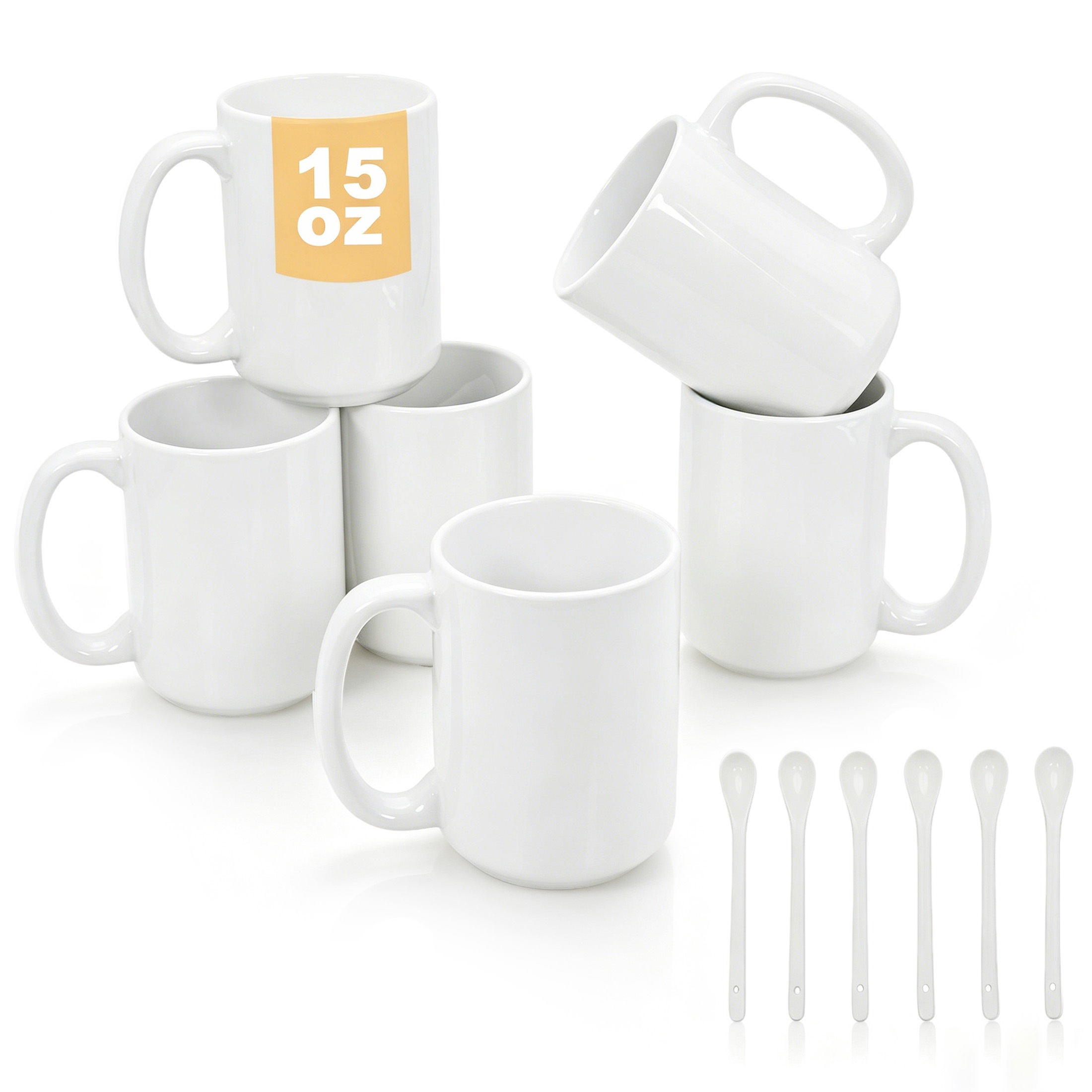 Hima shilajatun Coffee Mugs Set of 6 with Spoons, 15oz Ceramic, White