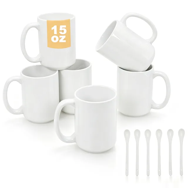 Hima shilajatun Coffee Mugs Set of 6 with Spoons, 15oz Ceramic, White