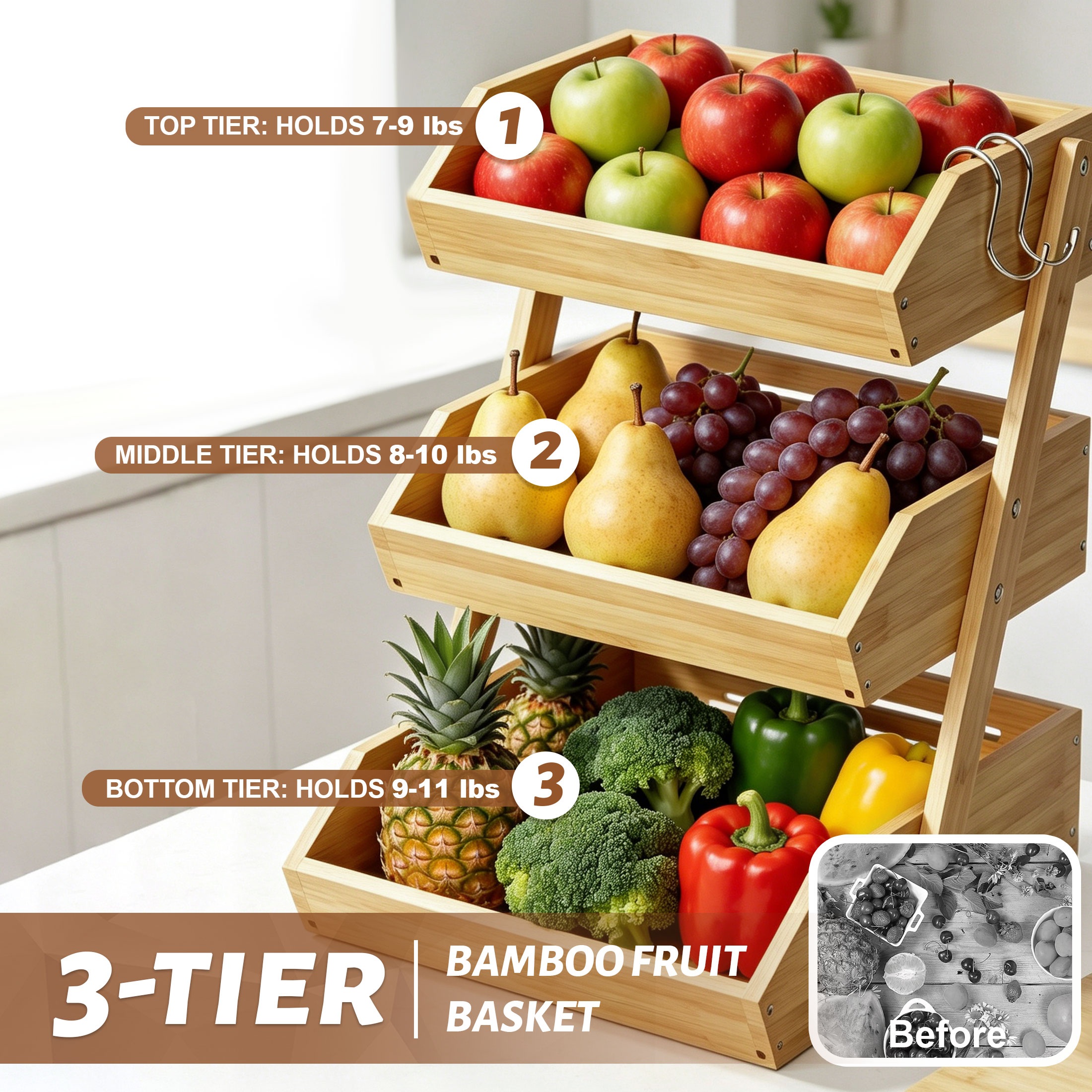 Hima Shilajatun Bamboo Fruit Basket, 3 Tier Fruit Holder for Kitchen Counter with 2 S Hooks — product detail 2
