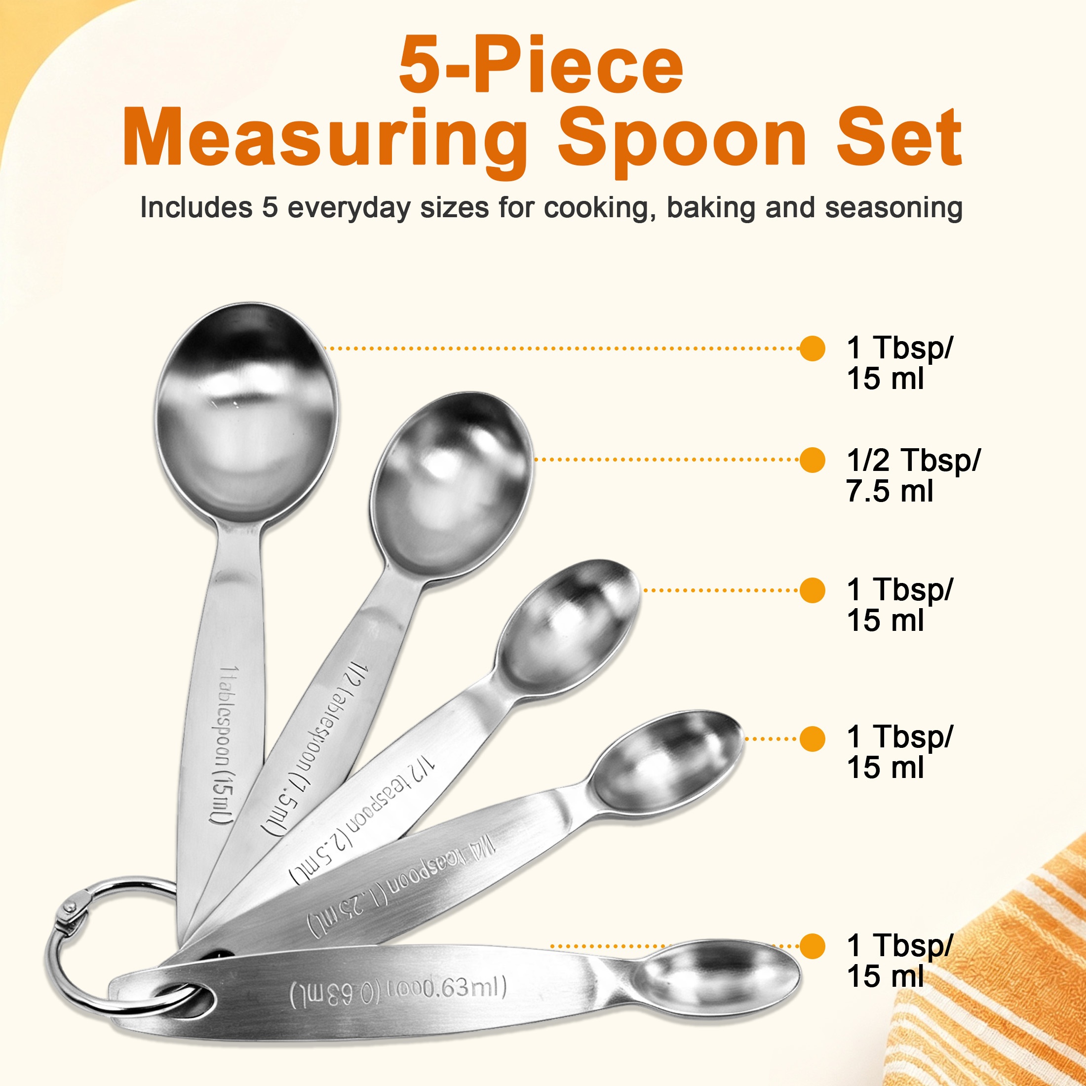 Hima Shilajatun Measuring Spoons Set, 5-Piece Stainless Steel Narrow Oval Spoons for Spice Jars, 1/8 Tsp — product detail 1