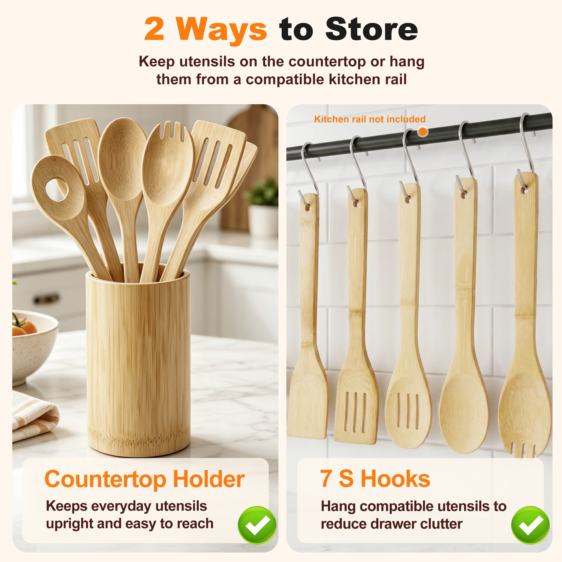 Hima Shilajatun Wooden Spoons for Cooking, Bamboo Cooking Utensils Set with Holder and 7 S Hooks for Nonstick Cookware — product detail 2