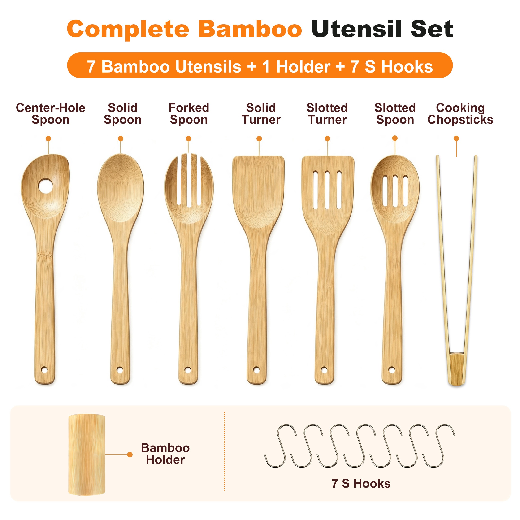 Hima Shilajatun Wooden Spoons for Cooking, Bamboo Cooking Utensils Set with Holder and 7 S Hooks for Nonstick Cookware — product detail 1
