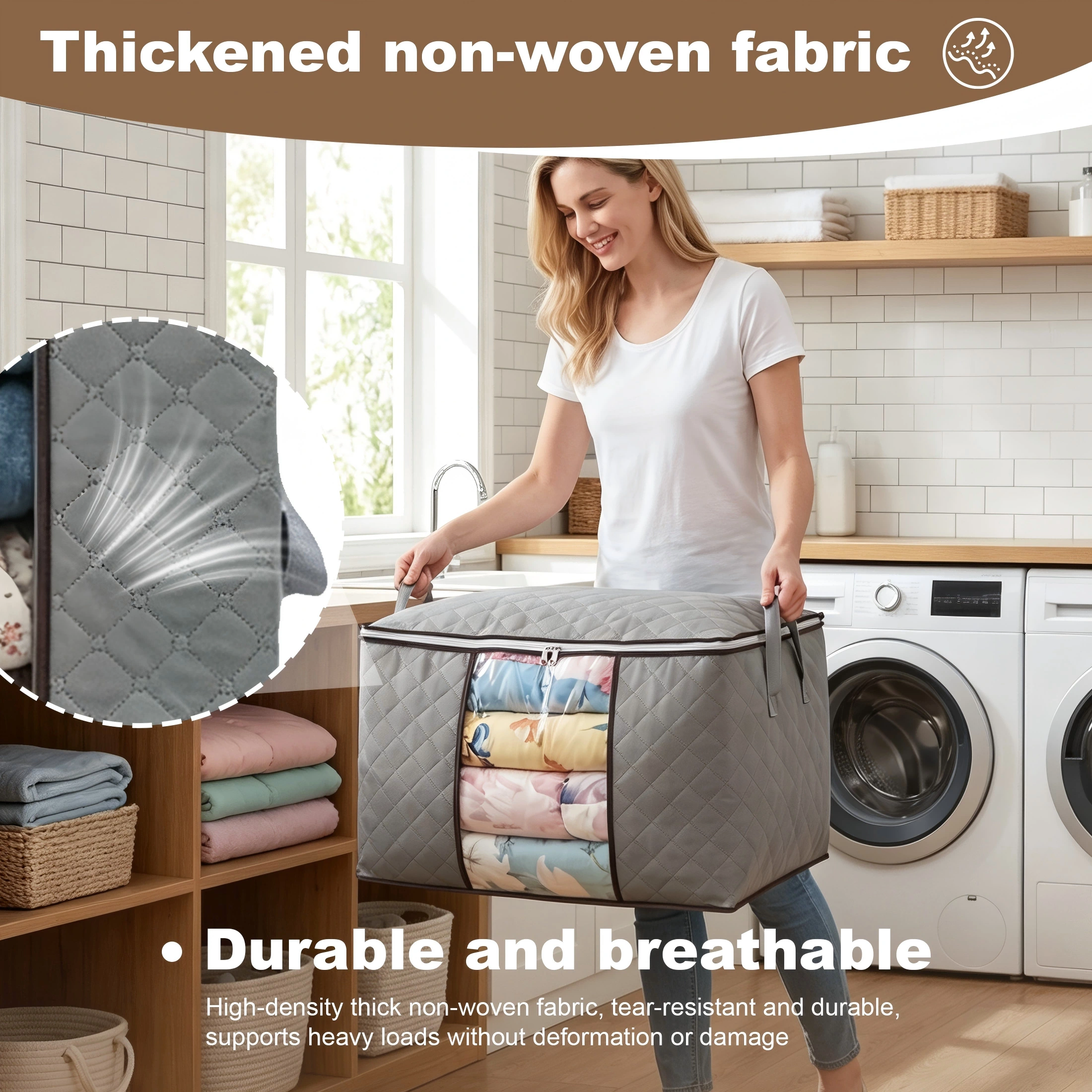 Hima Shilajatun 90L Large Storage Bags, 6 Pack Foldable Clothes Organizer with Clear Window & Reinforced Handles, Gray — product detail 1