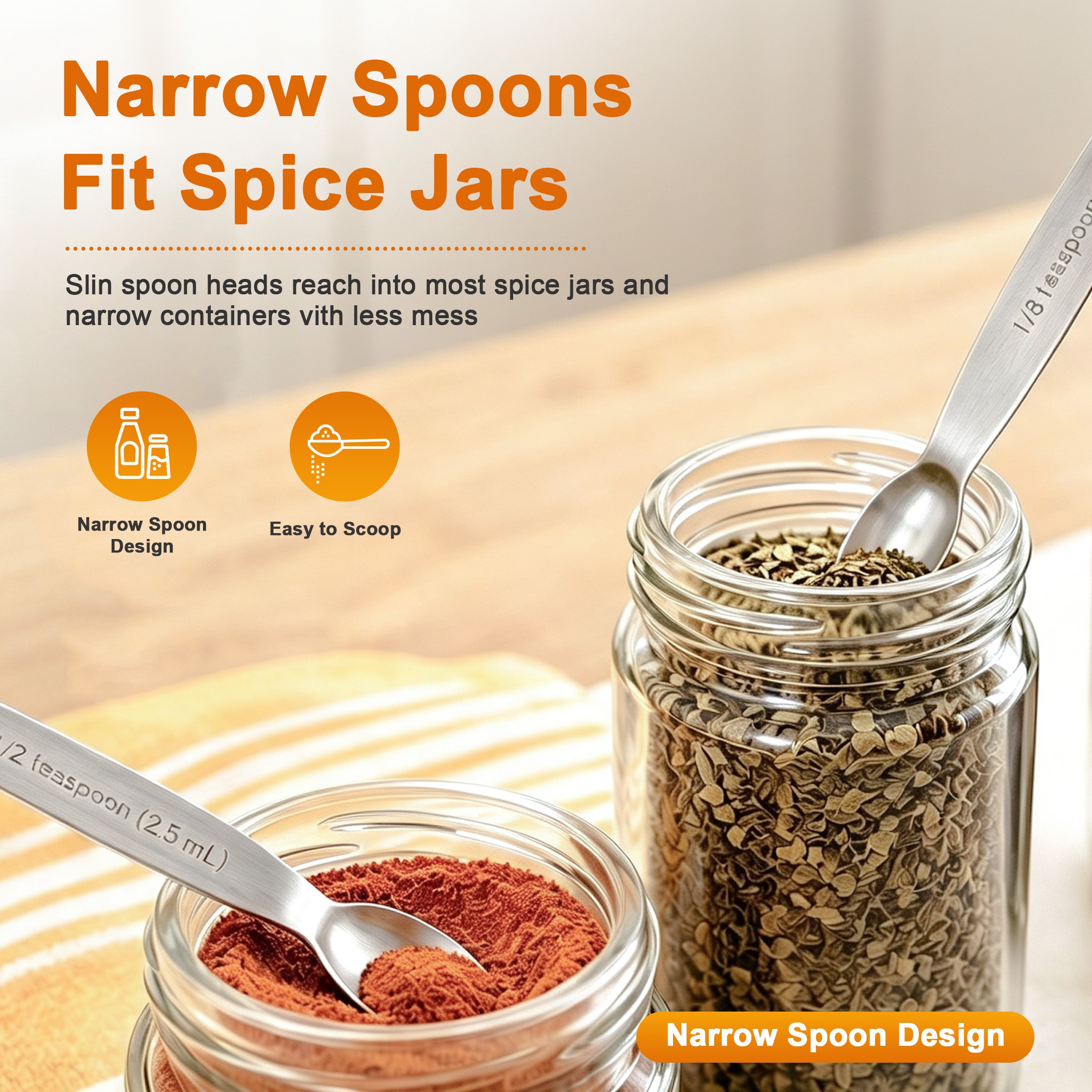 Hima Shilajatun Measuring Spoons Set, 5-Piece Stainless Steel Narrow Oval Spoons for Spice Jars, 1/8 Tsp — product detail 2