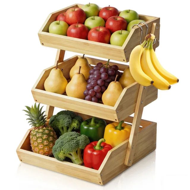 Hima Shilajatun Bamboo Fruit Basket, 3 Tier Fruit Holder for Kitchen Counter with 2 S Hooks