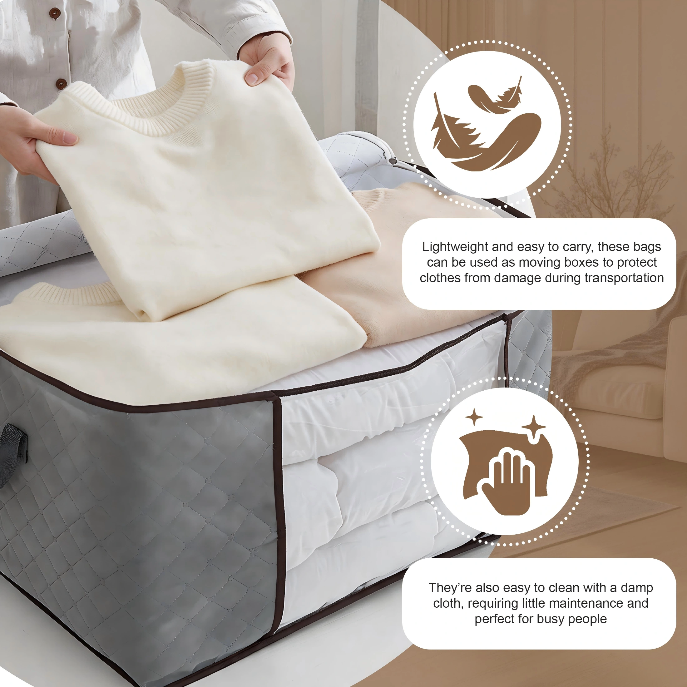 Hima Shilajatun 90L Large Storage Bags, 6 Pack Foldable Clothes Organizer with Clear Window & Reinforced Handles, Gray — product detail 2