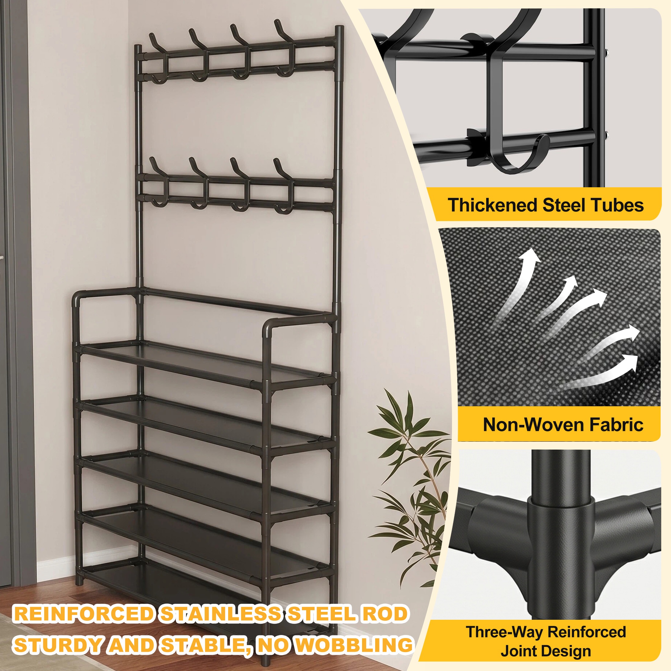 Hima Shilajatun Coat Rack with Shoe Rack, 5-Tier Hall Tree, 8 Hooks, black, 1 Pack — product detail 2