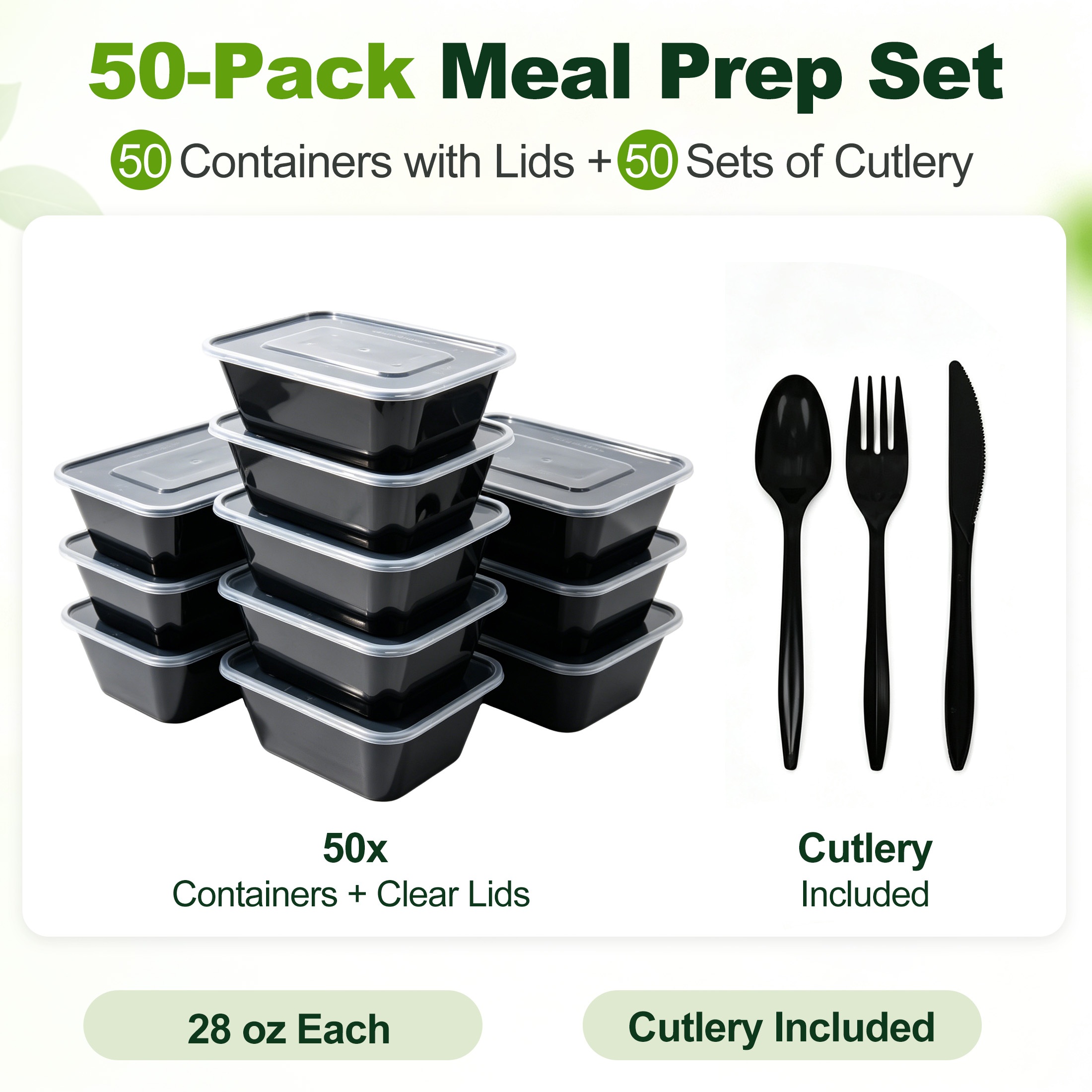 Hima Shilajatun Meal Prep Containers with Lids, 28 oz, 50 Pack, Plastic To Go Food Boxes with Cutlery Sets — product detail 1