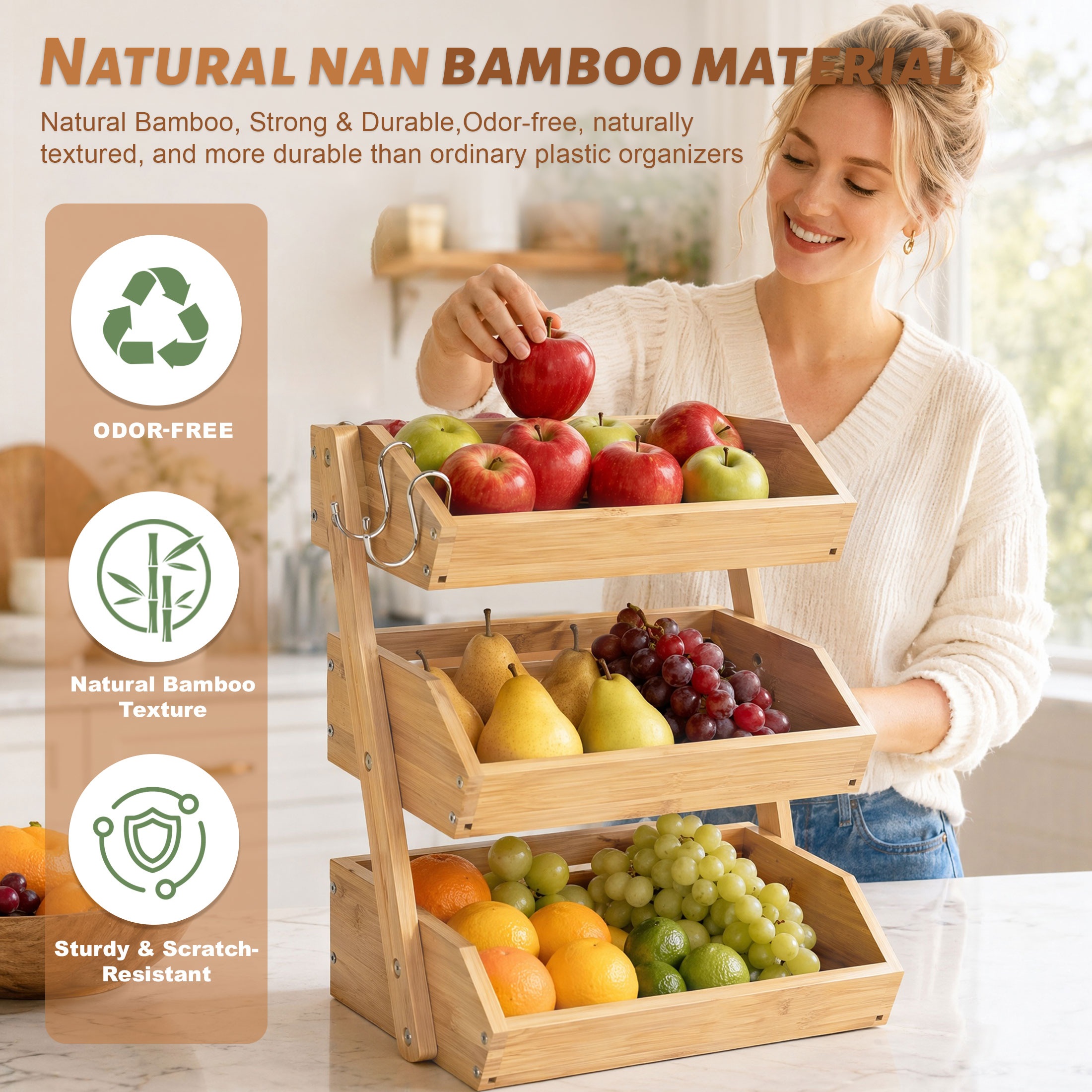 Hima Shilajatun Bamboo Fruit Basket, 3 Tier Fruit Holder for Kitchen Counter with 2 S Hooks — product detail 1
