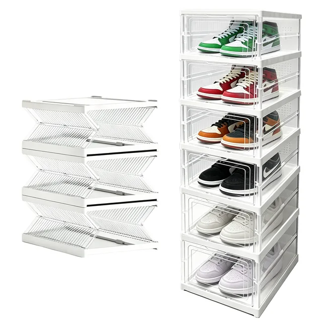 Hima Shilajatun Shoe Storage Organizer Box 6-Tier Foldable Shoe Rack Clear, Stackable, No Assembly