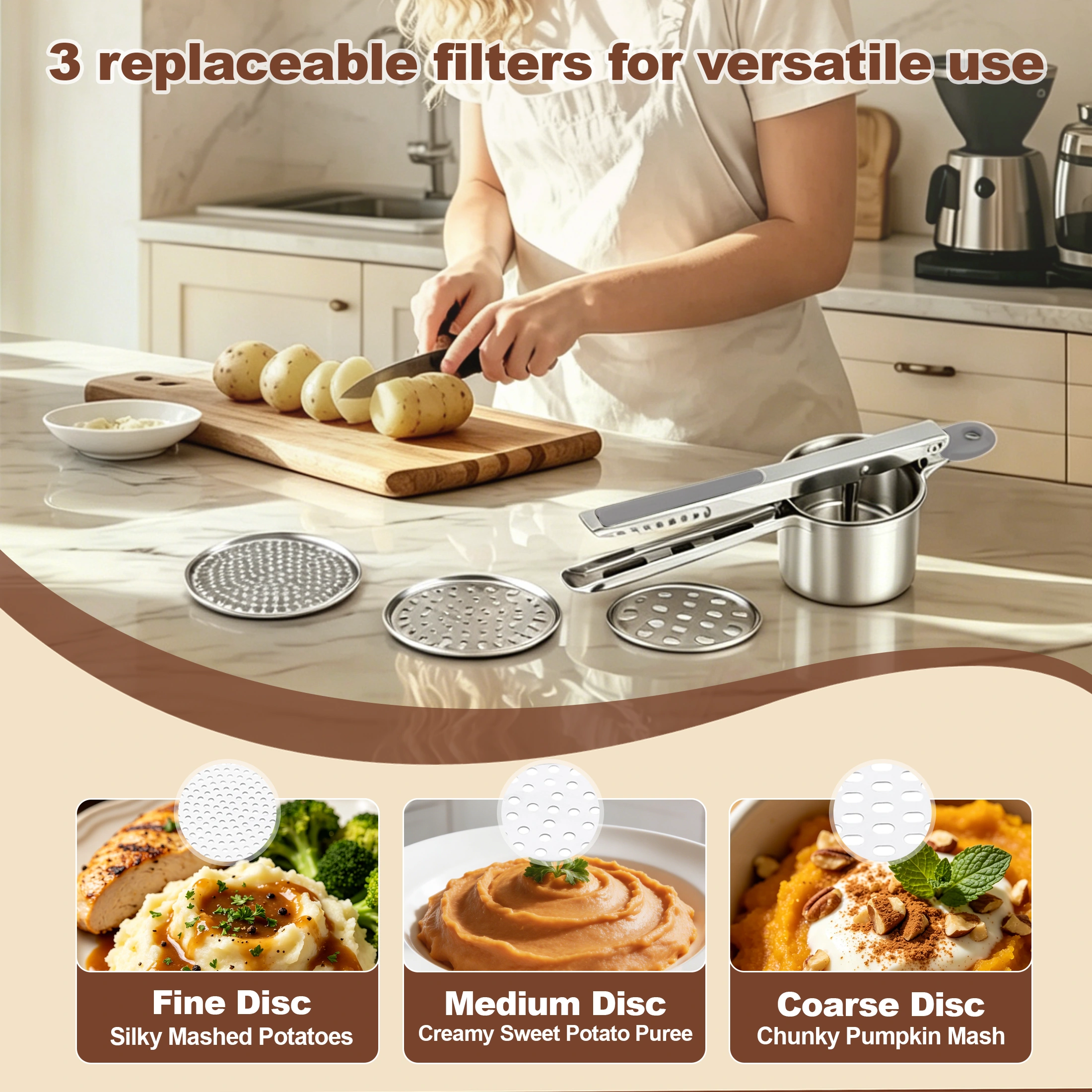 Hima Shilajatun Potato Ricer, Stainless Steel Ricer for Mashed Potatoes, 3 Discs — product detail 1