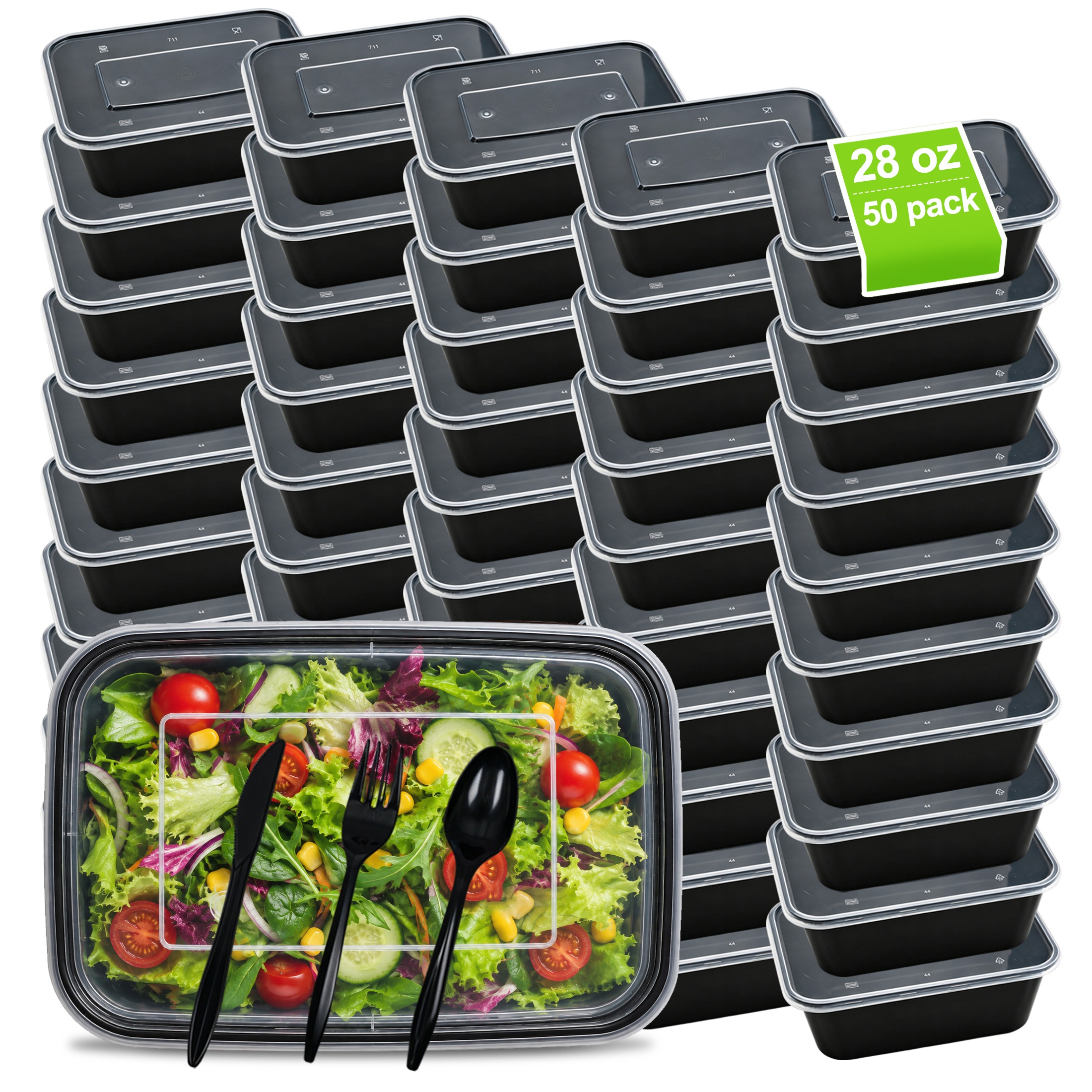 Hima Shilajatun Meal Prep Containers with Lids, 28 oz, 50 Pack, Plastic To Go Food Boxes with Cutlery Sets