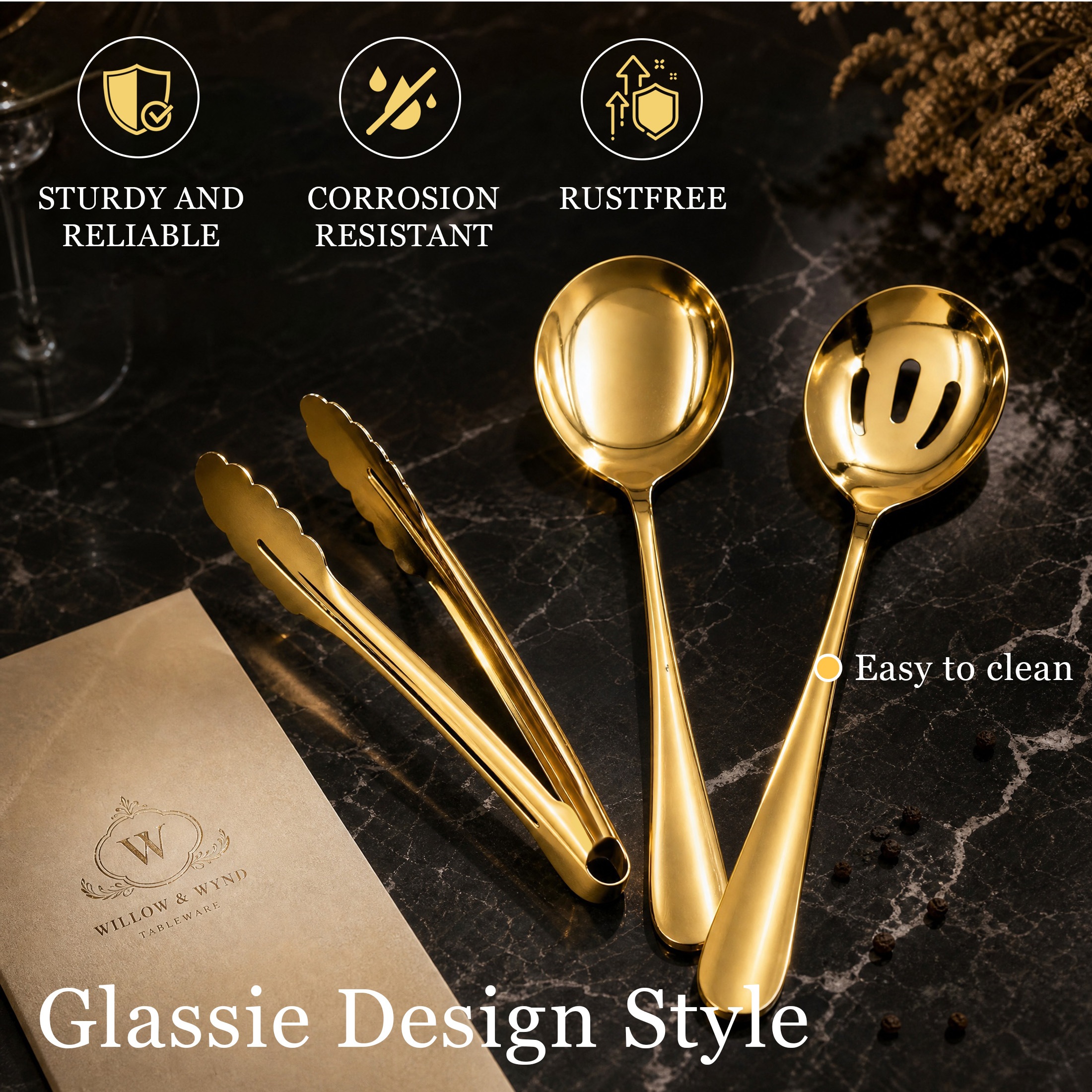 Hima Shilajatun Serving Utensils Set, Gold 13-Piece Spoons & Tongs for Buffet — product detail 1