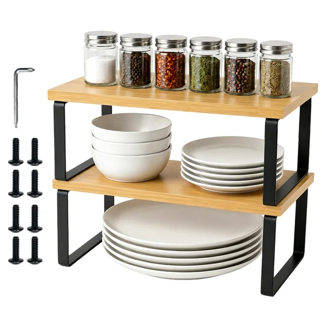 Hima Shilajatun Cabinet Organizers Shelf, Set of 2 kitchen Counter Shelf for Spice, Plate Storage, Bamboo